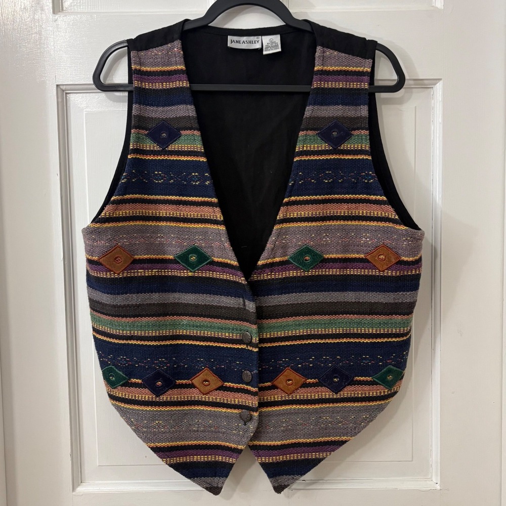 Jane Ashley VTG Woven Vest Women L Southwestern Western Hippie Artsy India Boho